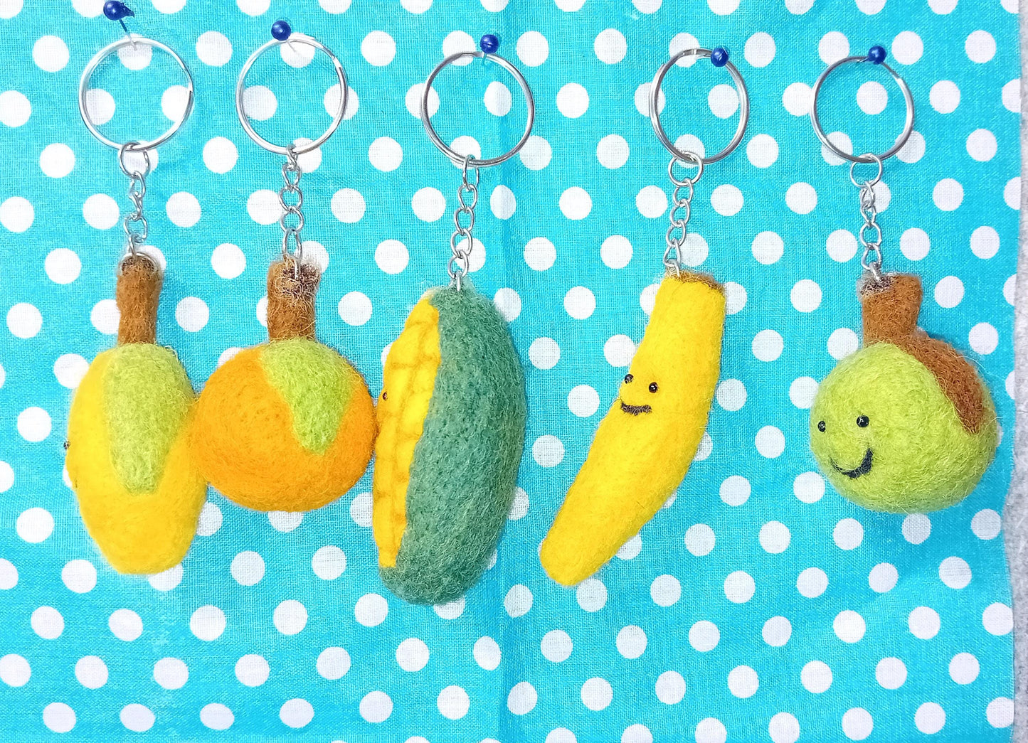 Fruit & Veggie Keychain Set: Apple, Lemon, Banana, Corn Bag Charm