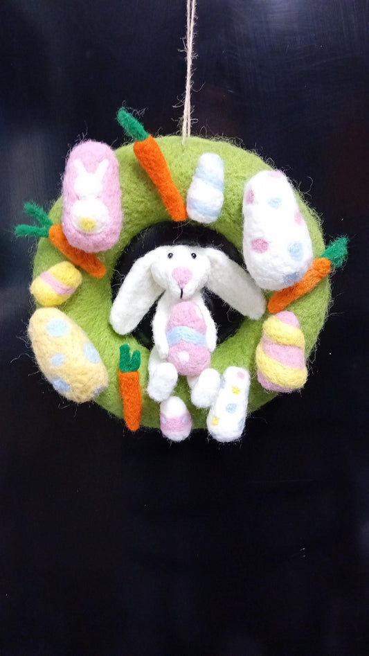 Needlefelt Easter Wreath: Handmade Wool Bunny Door Decoration