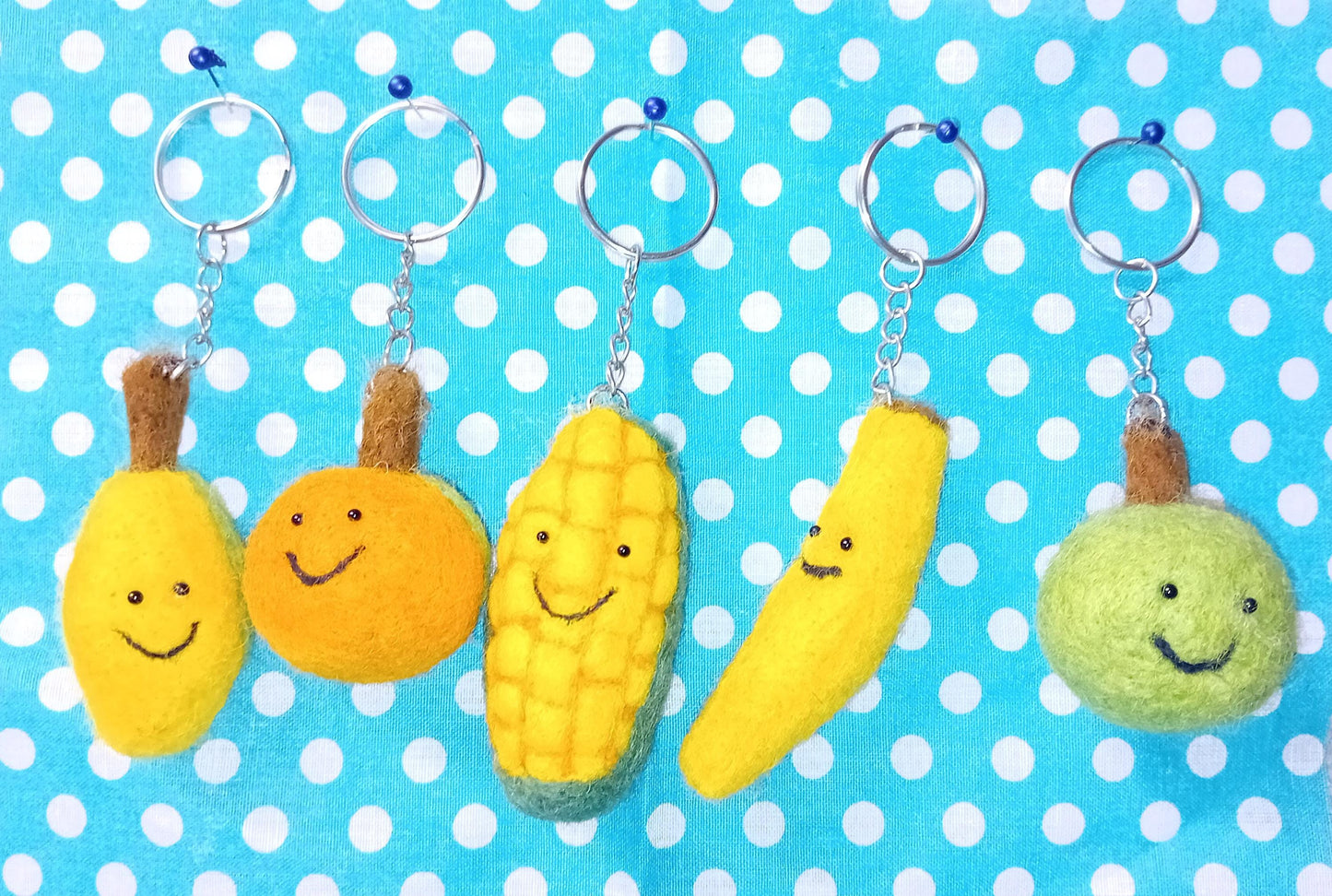 Fruit & Veggie Keychain Set: Apple, Lemon, Banana, Corn Bag Charm