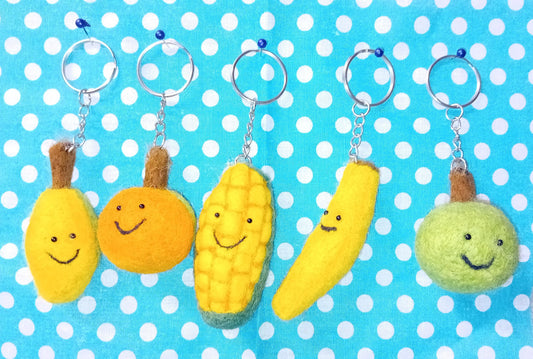 Fruit & Veggie Keychain Set: Apple, Lemon, Banana, Corn Bag Charm